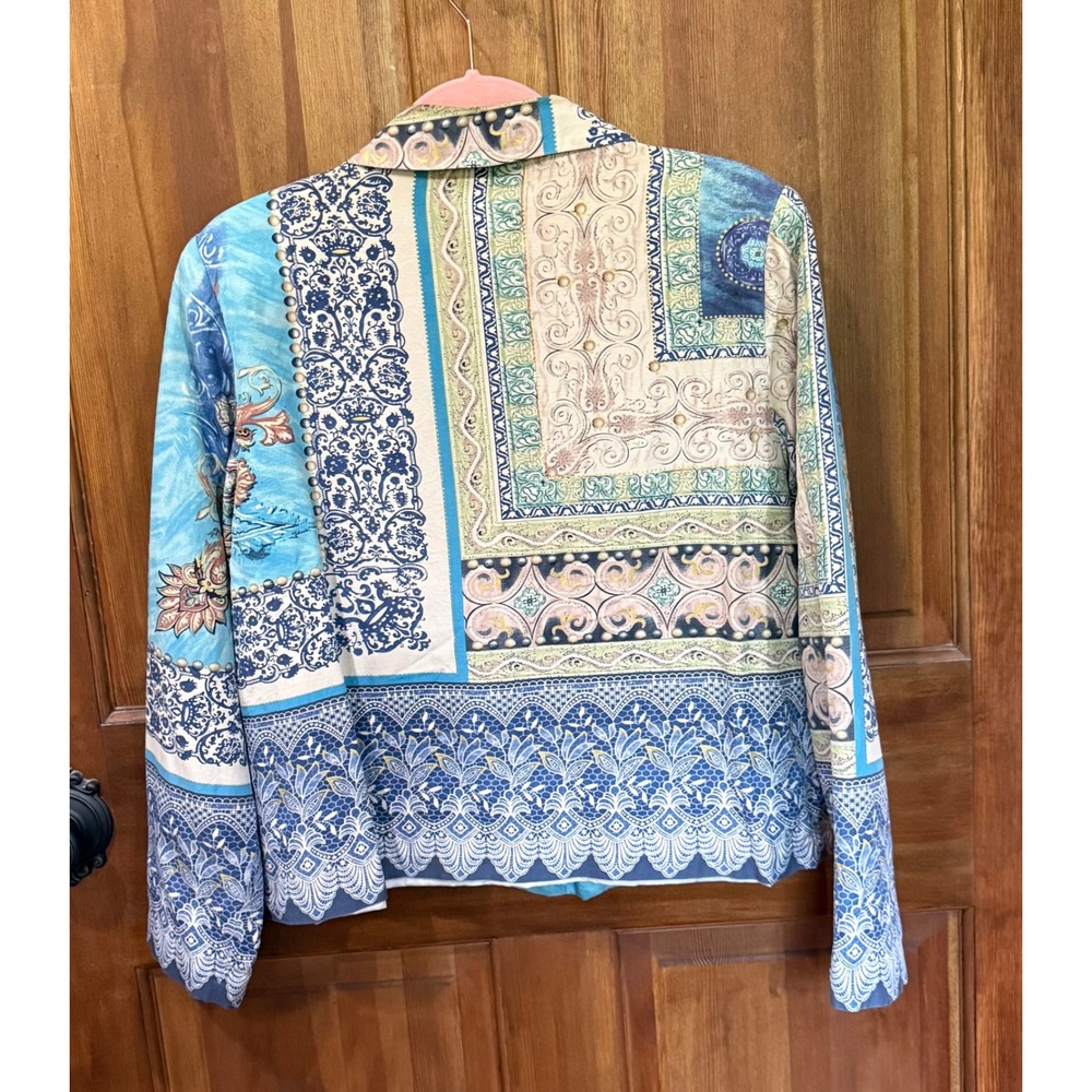 Coldwater Creek Silk Ramie Patchwork Paisley Scalloped Hem Jacket Blue Small - Picture 3 of 4
